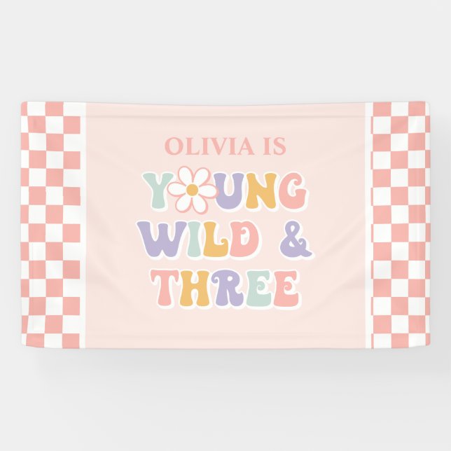 Young Wild Three Groovy Pink Daisy Chequered Banner (Horizontal)