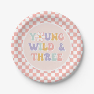 Young Wild Three Groovy Pink Daisy Chequered Paper Plate