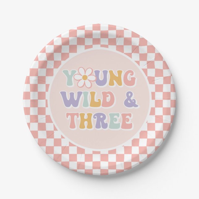 Young Wild Three Groovy Pink Daisy Chequered Paper Plate (Front)