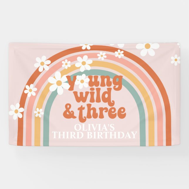 Young Wild Three Groovy Rainbow Daisy Birthday Banner (Horizontal)