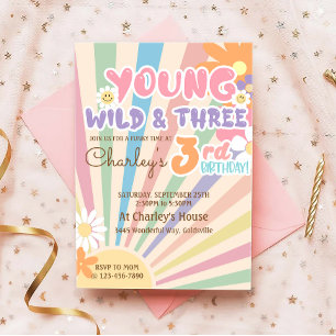 Young Wild Three Groovy Sunshine Boho 3rd Birthday Invitation
