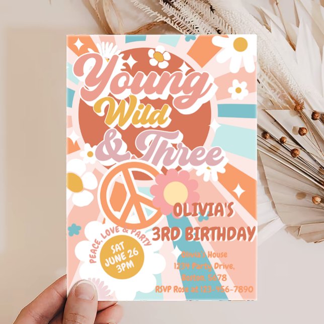 Young Wild Three Groovy Sunshine Boho 3rd Birthday Invitation (Creator Uploaded)