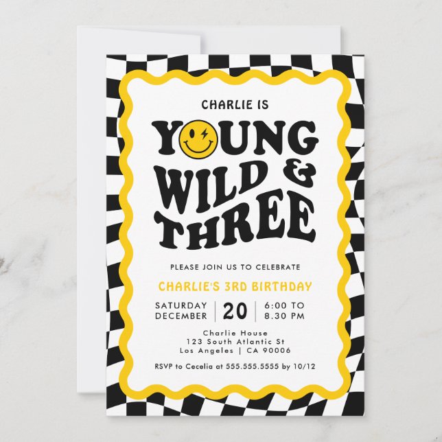 Young Wild & Three | Happy Face Boy 3rd Birthday Invitation (Front)