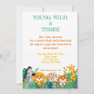 Young, Wild, & Three Jungle Birthday Invitation
