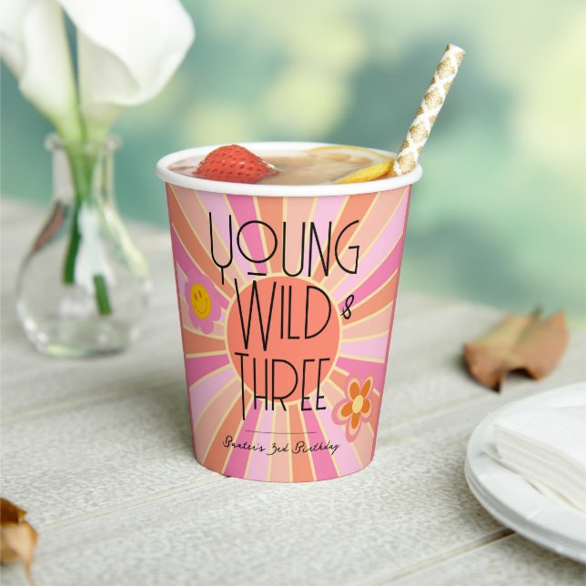 Young, Wild & Three | Kid Birthday Cups | Pink (Insitu)