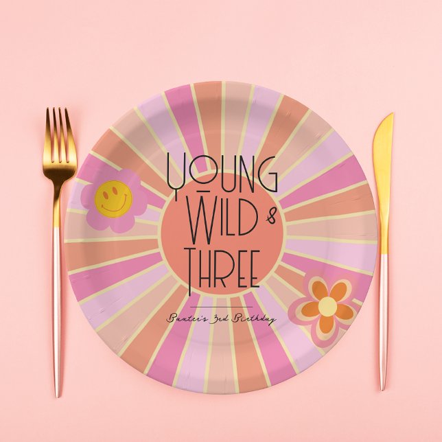 Young, Wild & Three | Kid Birthday Plates | Pink (Creator Uploaded)