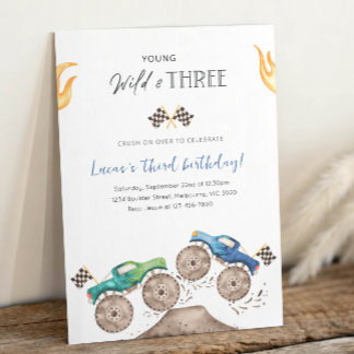 Young, Wild & Three Monster Truck 3rd Birthday Invitation