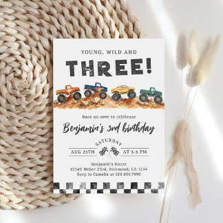Young Wild & Three Monster Truck Boy 3rd Birthday Invitation