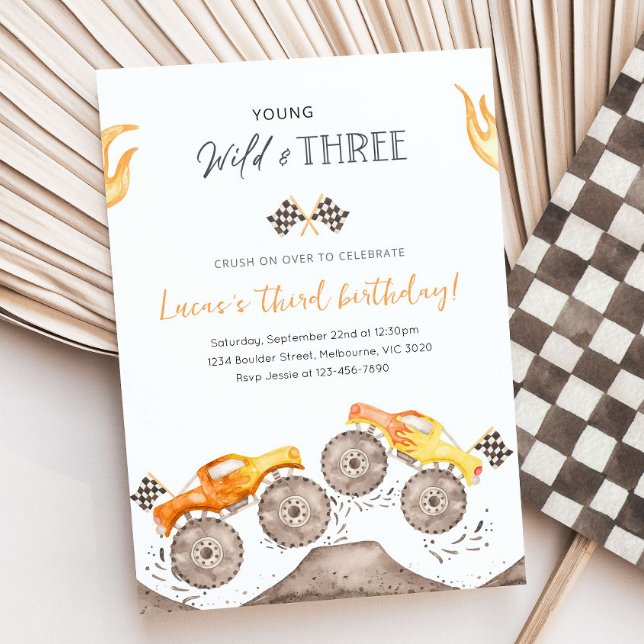 Young, Wild & THREE Orange Monster Truck 3rd B'day Invitation (Creator Uploaded)