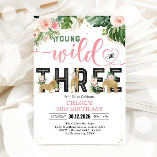 Young Wild & Three Party Animals Girl 3rd Birthday Invitation