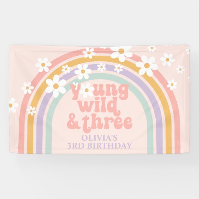 Young Wild Three Pastel rainbow 3RD birthday Banner (Horizontal)