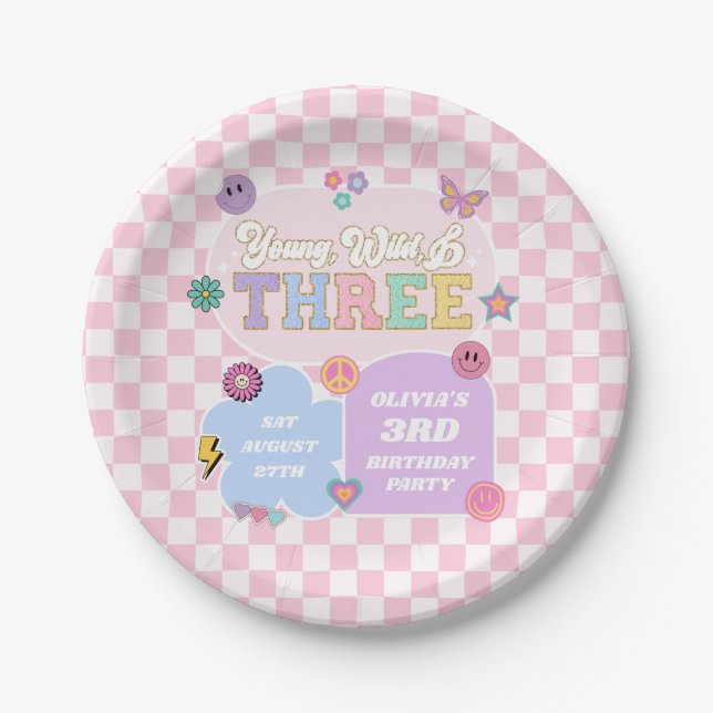 Young Wild & Three Preppy Patch 3rd Birthday Party Paper Plate (Front)