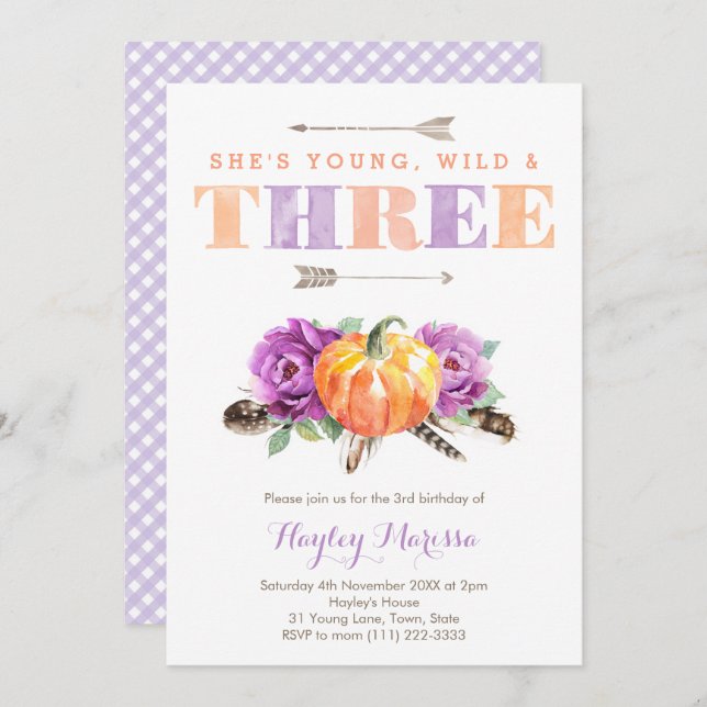 Young Wild Three Purple Pumpkin 3rd Birthday Party Invitation (Front/Back)