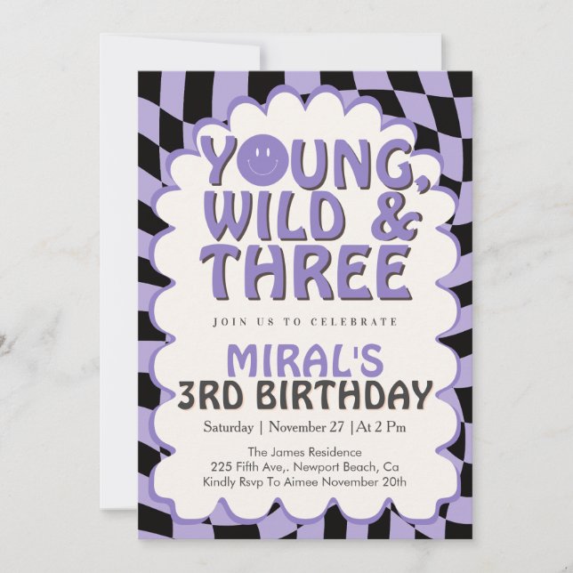 Young Wild & Three Purple Retro Girl 3rd Birthday Invitation (Front)