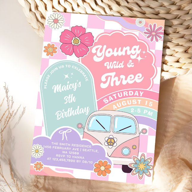 Young wild & Three Rainbow Car Daisy Birthday Invitation (Creator Uploaded)