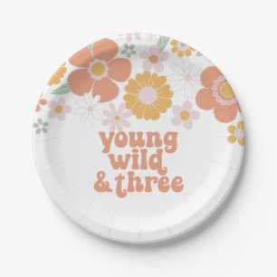 Young Wild Three Retro Floral birthday Paper Plate