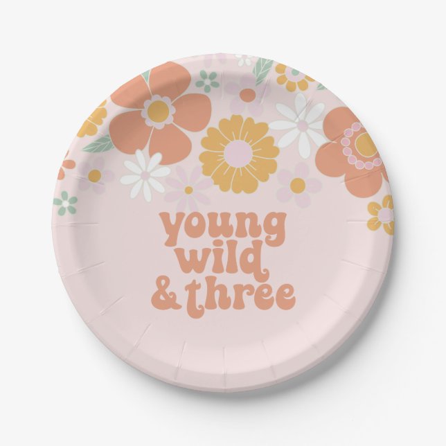 Young Wild Three Retro Floral birthday Paper Plate (Front)