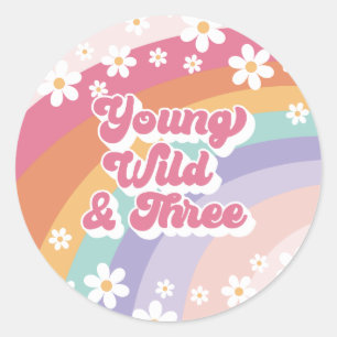 Young Wild Three Retro Rainbow 3rd Birthday Classic Round Sticker