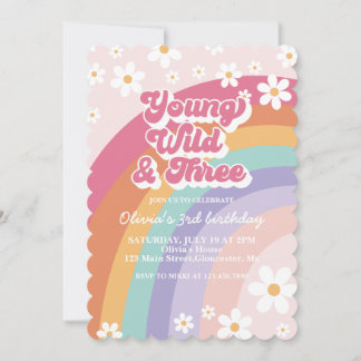 Young Wild Three Retro Rainbow 3rd Birthday Invitation