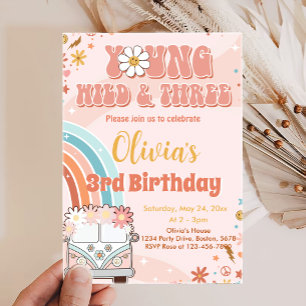 Young Wild Three Retro Rainbow 3rd Birthday Invitation