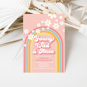 Young Wild Three Retro Rainbow 3rd Birthday Invitation