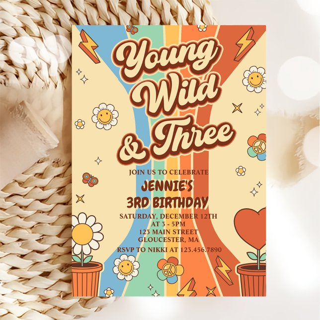Young Wild Three Retro Rainbow 3rd Birthday Invitation (Creator Uploaded)