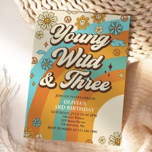 Young Wild Three Retro Rainbow 3rd Birthday Invitation