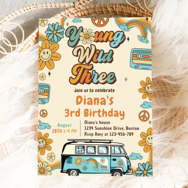 Young Wild Three Retro Rainbow 3rd Birthday  Invitation (Creator Uploaded)