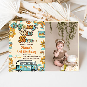 Young Wild Three Retro Rainbow 3rd Birthday Invitation