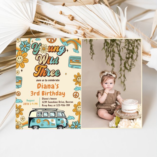Young Wild Three Retro Rainbow 3rd Birthday  Invitation (Creator Uploaded)