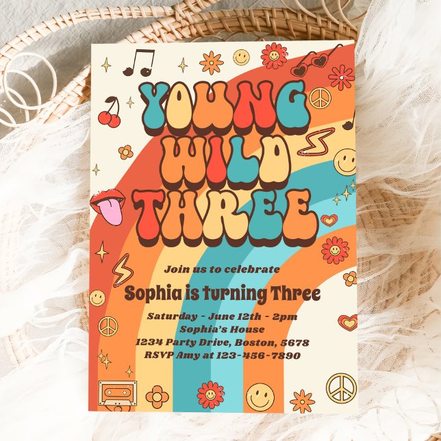 Young Wild Three Retro Rainbow 3rd Birthday  Invitation (Creator Uploaded)