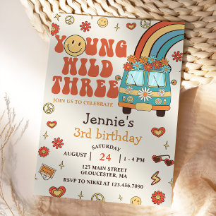Young Wild Three Retro Rainbow 3rd Birthday Invitation