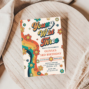 Young Wild Three Retro Rainbow 3rd Birthday Invitation