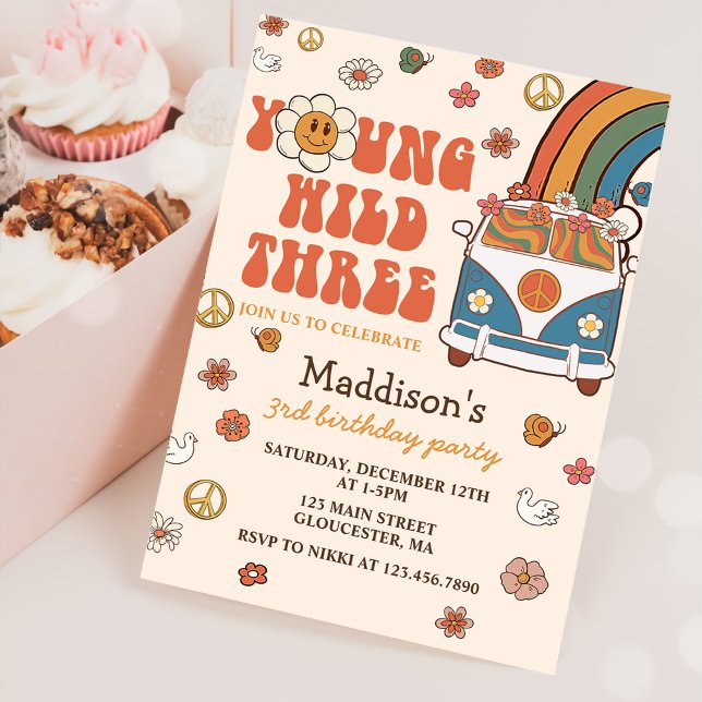 Young Wild Three Retro Rainbow 3rd Birthday  Invitation (Creator Uploaded)