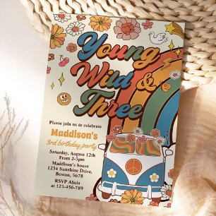 Young Wild Three Retro Rainbow 3rd Birthday Invitation