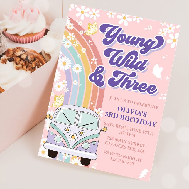 Young Wild Three Retro Rainbow 3rd Birthday Invitation (Creator Uploaded)