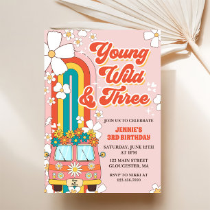 Young Wild Three Retro Rainbow 3rd Birthday Invitation
