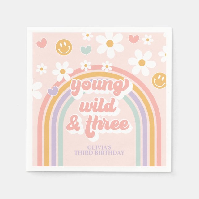 Young Wild Three Retro rainbow 3rd Birthday Napkin (Front)