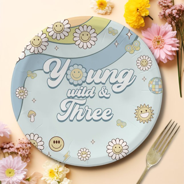 Young Wild Three Retro Rainbow 3rd Birthday Paper Plate (Creator Uploaded)