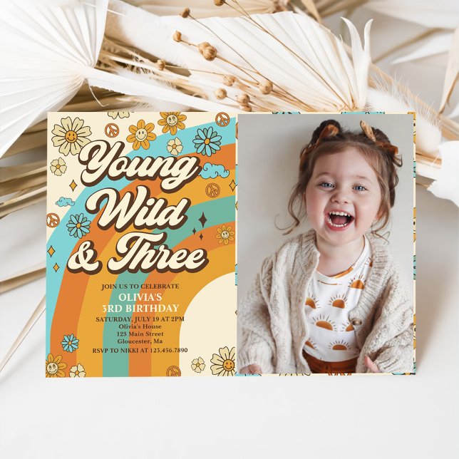 Young Wild Three Retro Rainbow 3rd Birthday Photo Invitation (Creator Uploaded)
