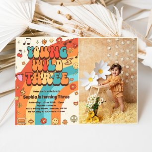 Young Wild Three Retro Rainbow 3rd Birthday Photo Invitation