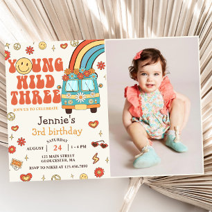 Young Wild Three Retro Rainbow 3rd Birthday Photo Invitation