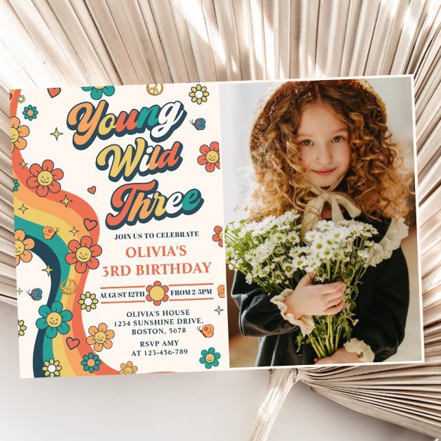 Young Wild Three Retro Rainbow 3rd Birthday Photo Invitation (Creator Uploaded)