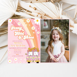 Young Wild Three Retro Rainbow 3rd Birthday Photo Invitation