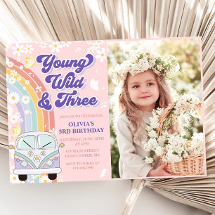 Young Wild Three Retro Rainbow 3rd Birthday Photo Invitation