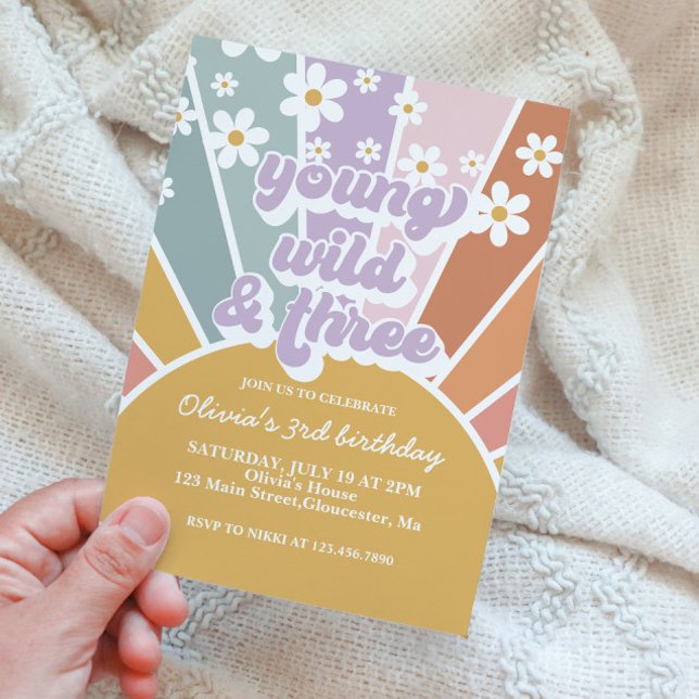 Young wild three Retro Sunshine Rainbow Daisy Invitation (Creator Uploaded)