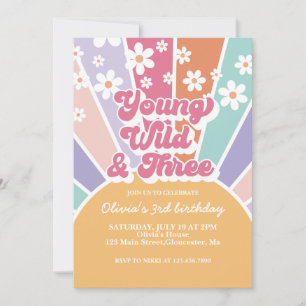 Young Wild Three Retro Sunshine Rainbow Daisy Invitation