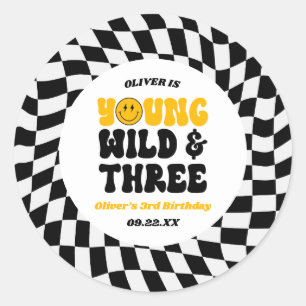 Young Wild & Three Retro Third 3rd Birthday Party Classic Round Sticker