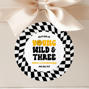 Young Wild & Three Retro Third 3rd Birthday Party Classic Round Sticker
