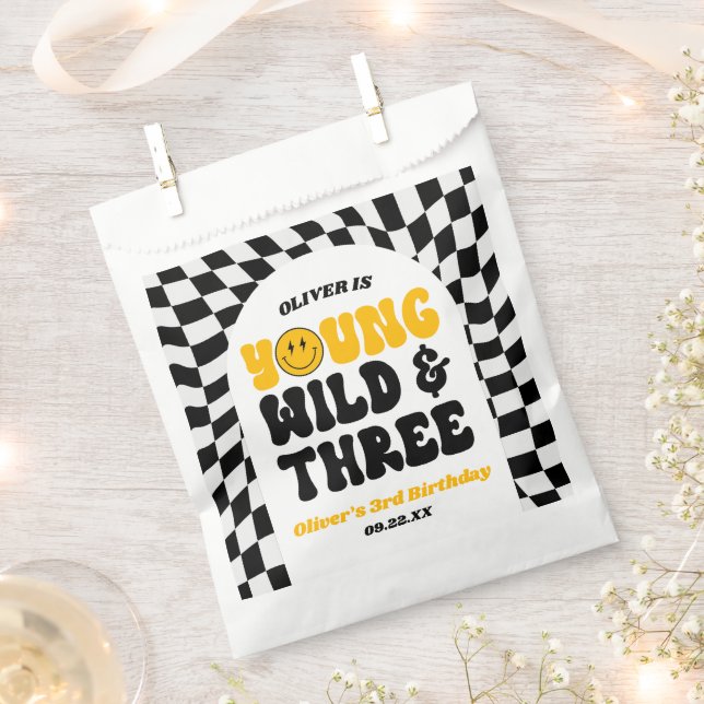 Young Wild & Three Retro Third 3rd Birthday Party Favour Bag (Clipped)